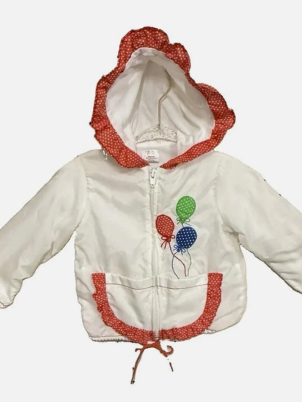 Vtg 80s Balloon Embroidered Baby Windbreaker Jacket 24M Polka Dot Hood
